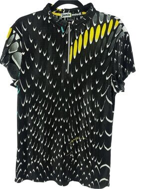 Jamie Sadock Pleated Plissé Quarter Zip Golf Polo Top Black Yellow Print Large